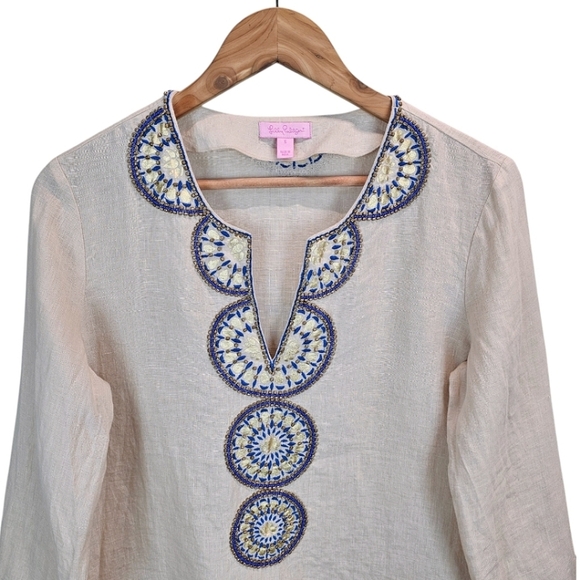 Lilly Pulitzer Linen Beaded Amelia Tunic Top Womens Sz Small Tan Oyster Shell - Picture 6 of 12